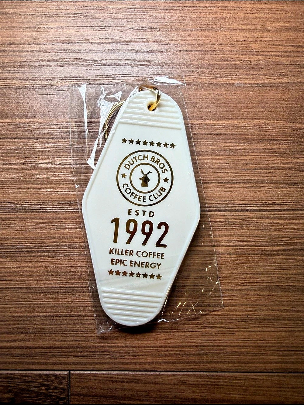 Dutch Bros Coffee Club 1992 Motel Keychain White & Gold